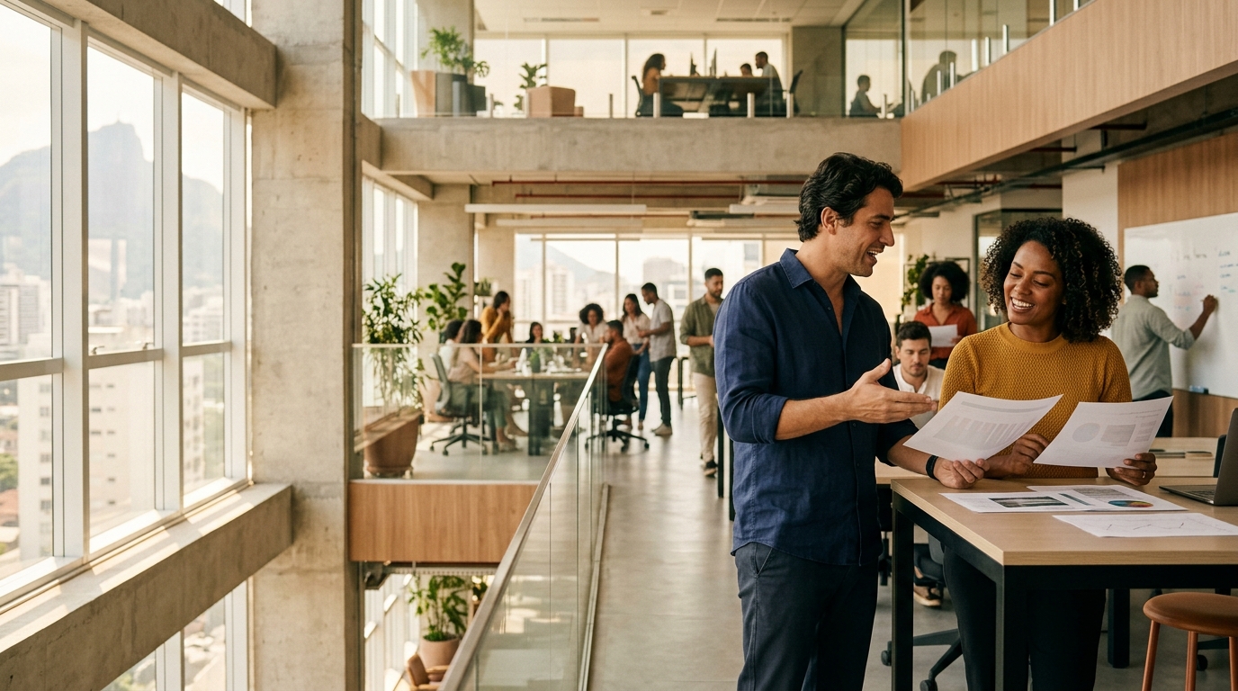 Liderança e equipe de operações empresariais em rotina produtiva conectada