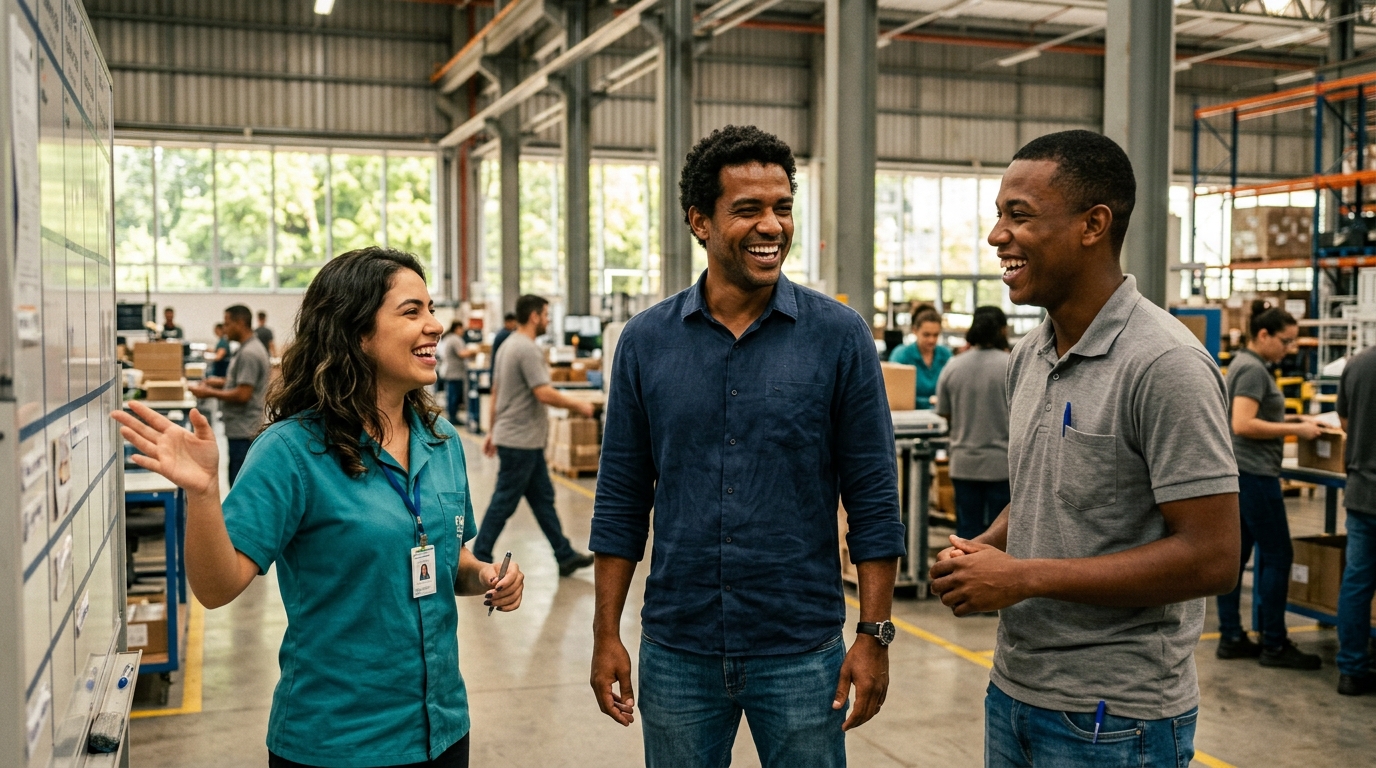 Liderança e equipe de operações em ambiente produtivo com luz natural